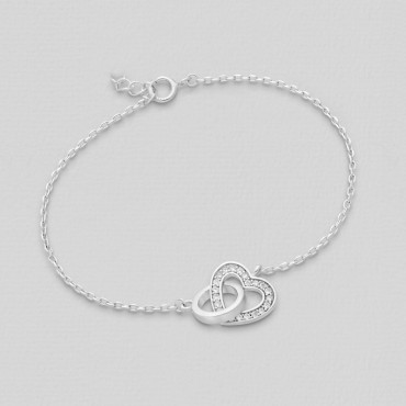 Srebrna zapestnica z obročkom in srčkom s cirkoniji